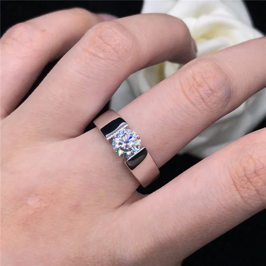 14K White Gold Certified 1CT Moissanite Diamond Men's Engagement Ring D Color Test Positive With Certificate